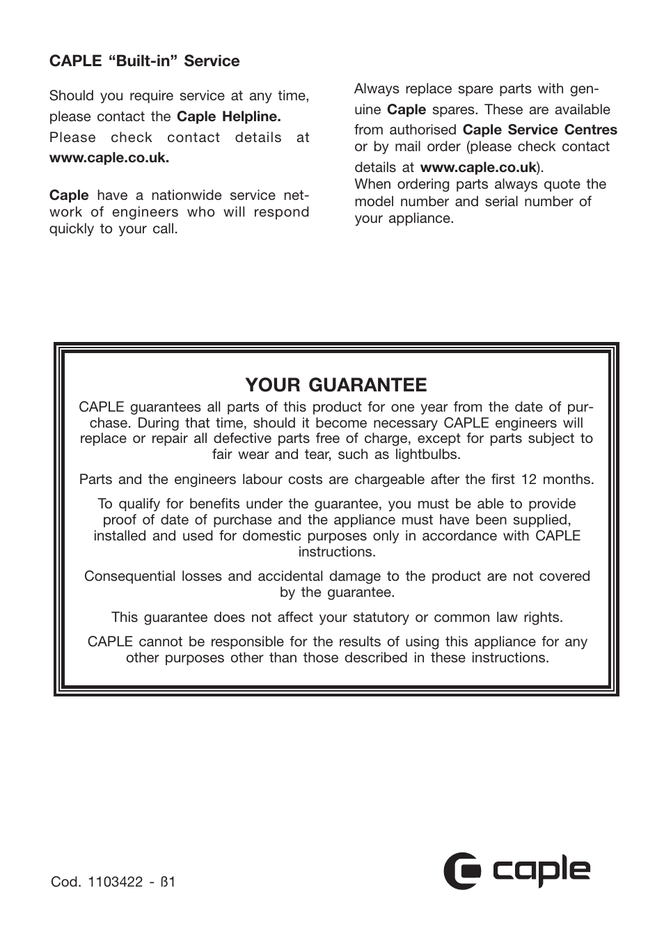 Your guarantee | Caple CR9204 User Manual | Page 52 / 52