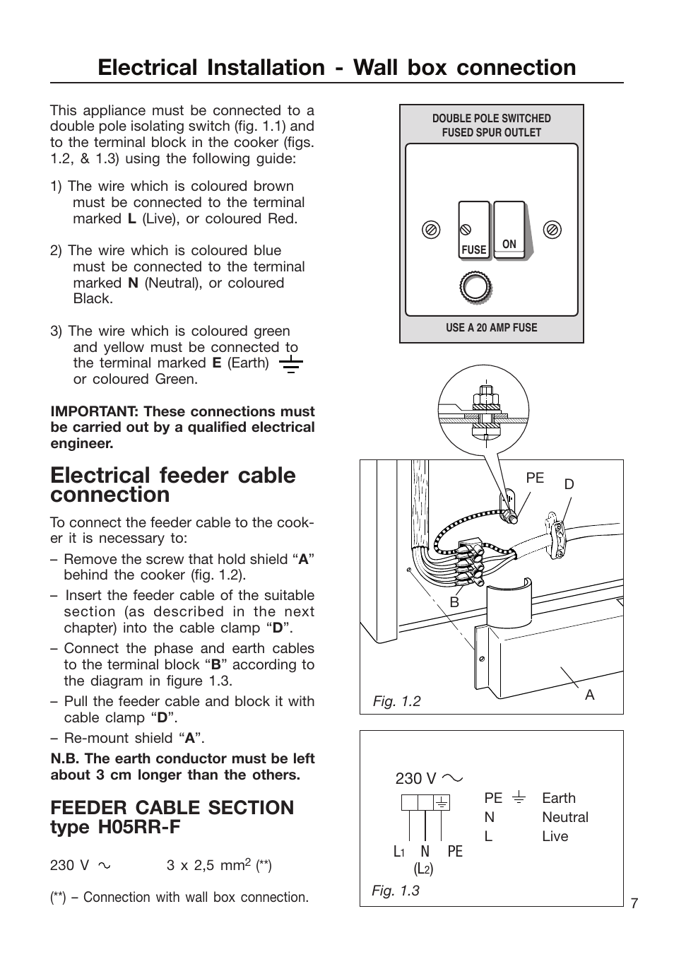 Electrical feeder cable connection, Electrical installation - wall box connection | Caple CR9204 User Manual | Page 7 / 52