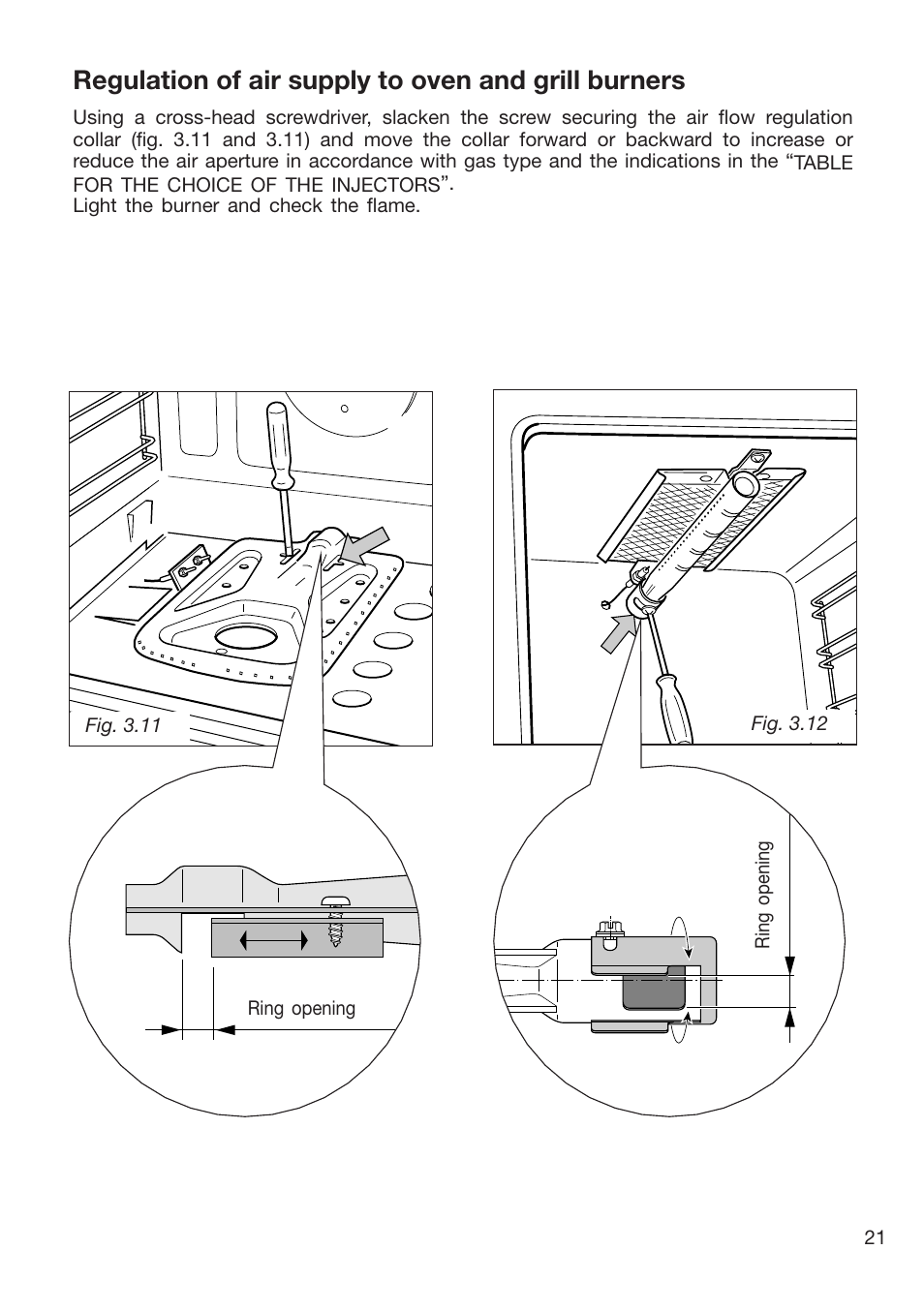 Regulation of air supply to oven and grill burners | Caple CR9215 User Manual | Page 21 / 48