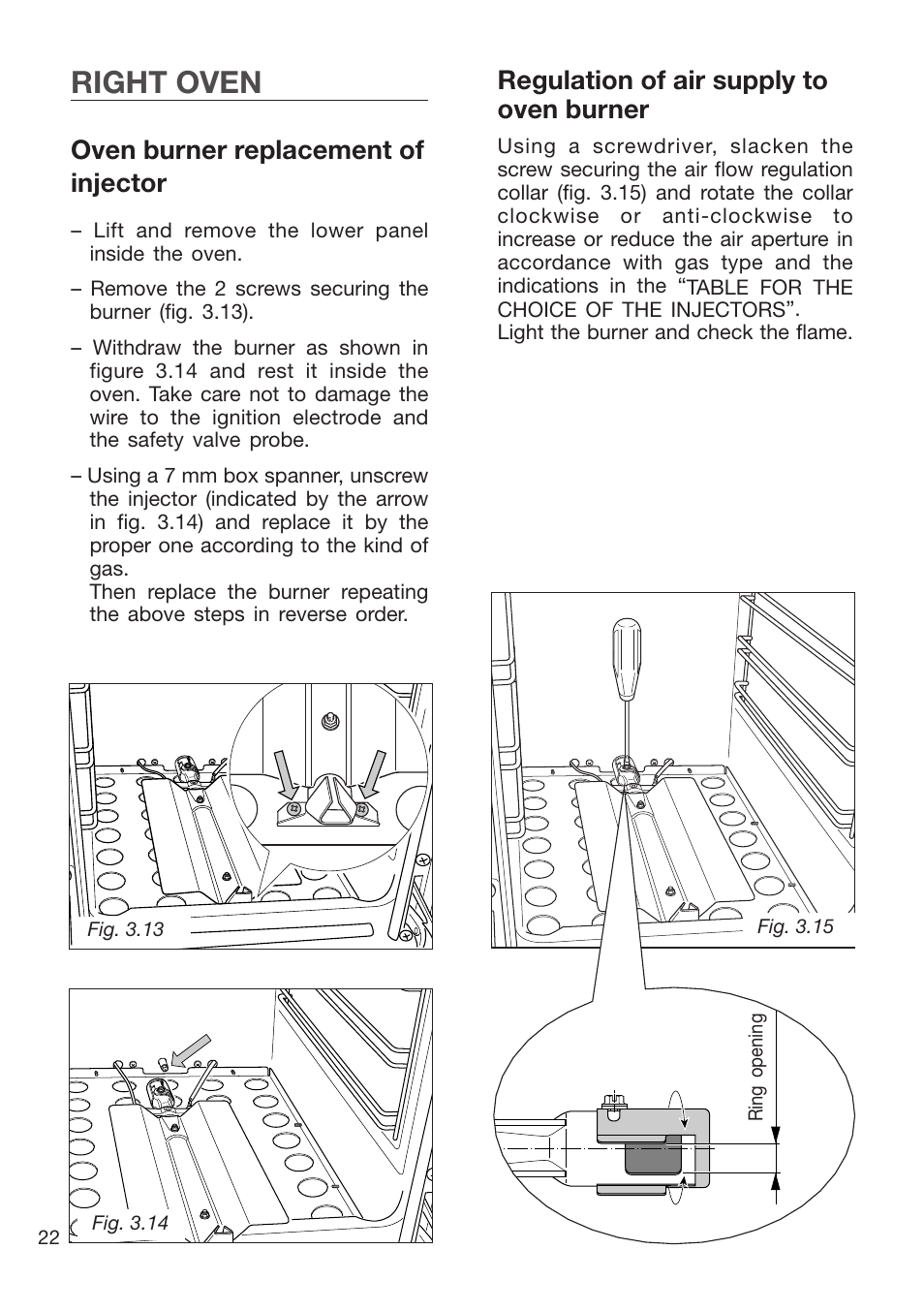 Right oven, Oven burner replacement of injector, Regulation of air supply to oven burner | Caple CR9215 User Manual | Page 22 / 48