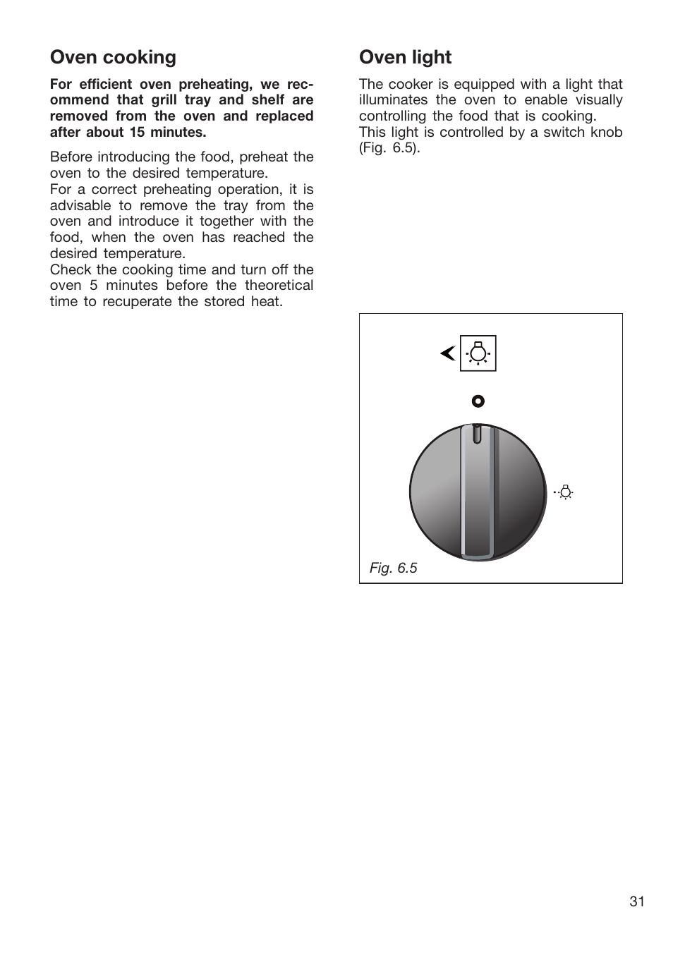 Oven cooking, Oven light | Caple CR9215 User Manual | Page 31 / 48