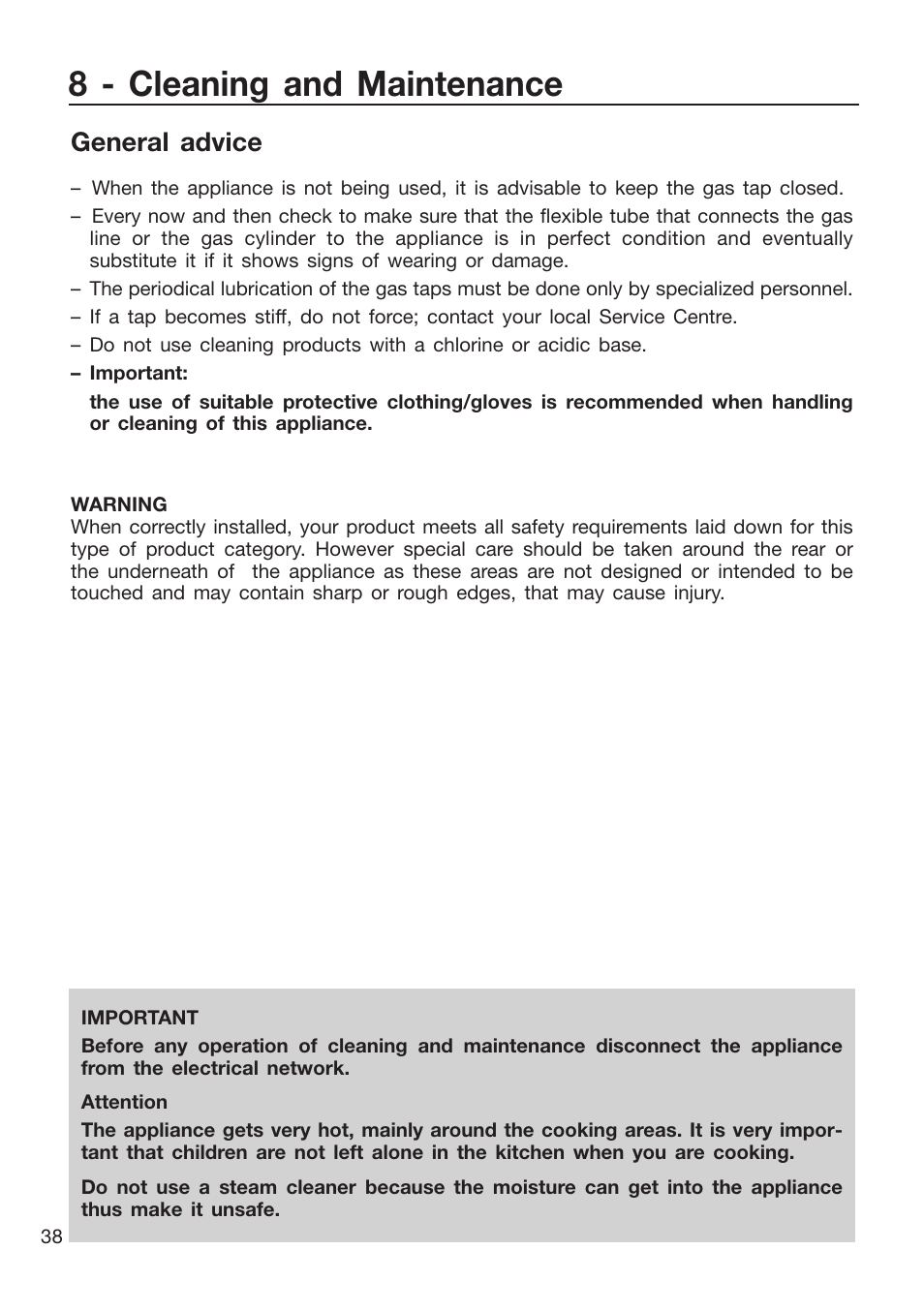 8 - cleaning and maintenance, General advice | Caple CR9215 User Manual | Page 38 / 48