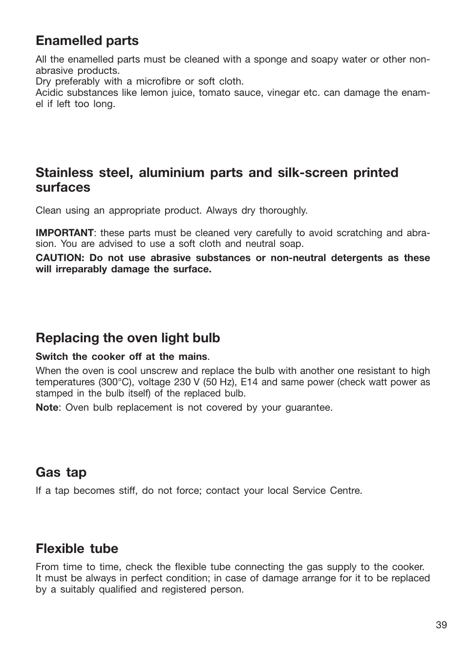 Gas tap, Flexible tube, Enamelled parts | Replacing the oven light bulb | Caple CR9215 User Manual | Page 39 / 48