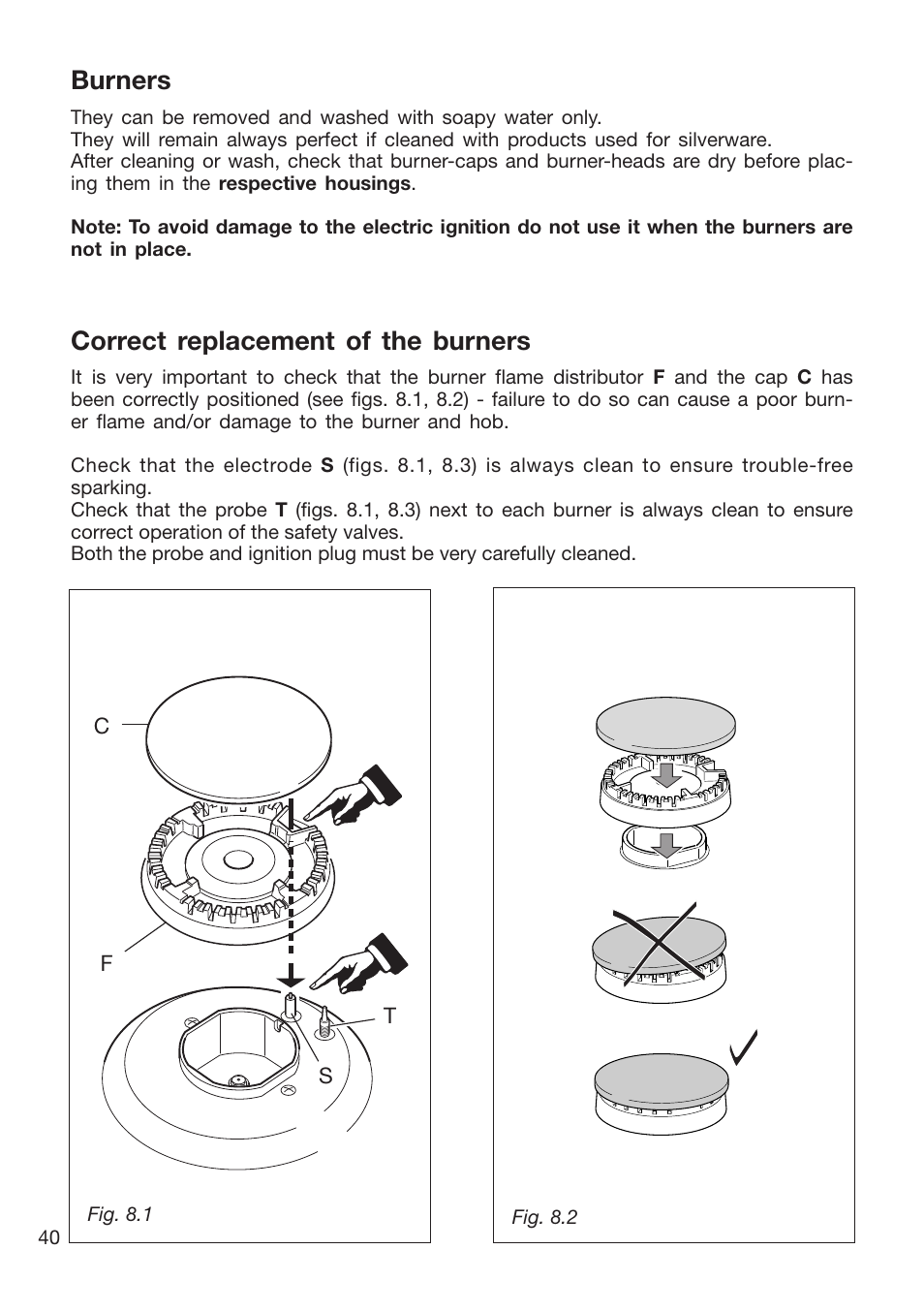 Burners, Correct replacement of the burners | Caple CR9215 User Manual | Page 40 / 48
