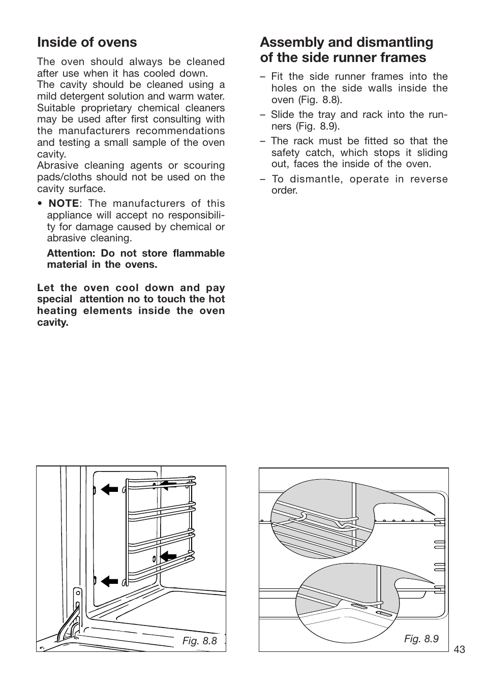 Assembly and dismantling of the side runner frames, Inside of ovens | Caple CR9215 User Manual | Page 43 / 48