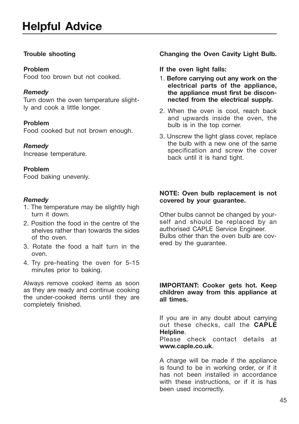 Helpful advice | Caple CR9215 User Manual | Page 45 / 48