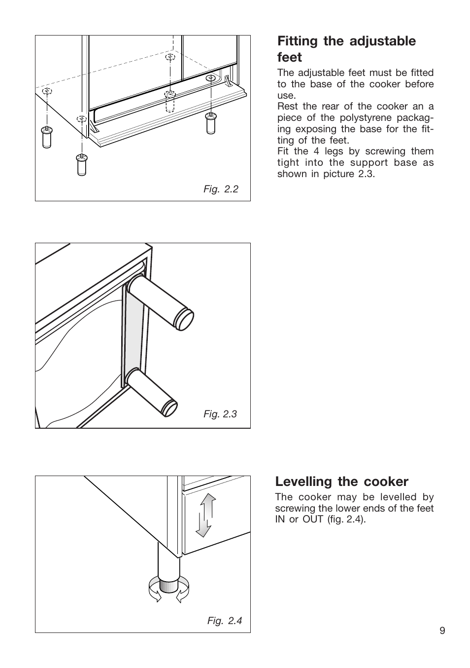 Fitting the adjustable feet, Levelling the cooker | Caple CR9215 User Manual | Page 9 / 48