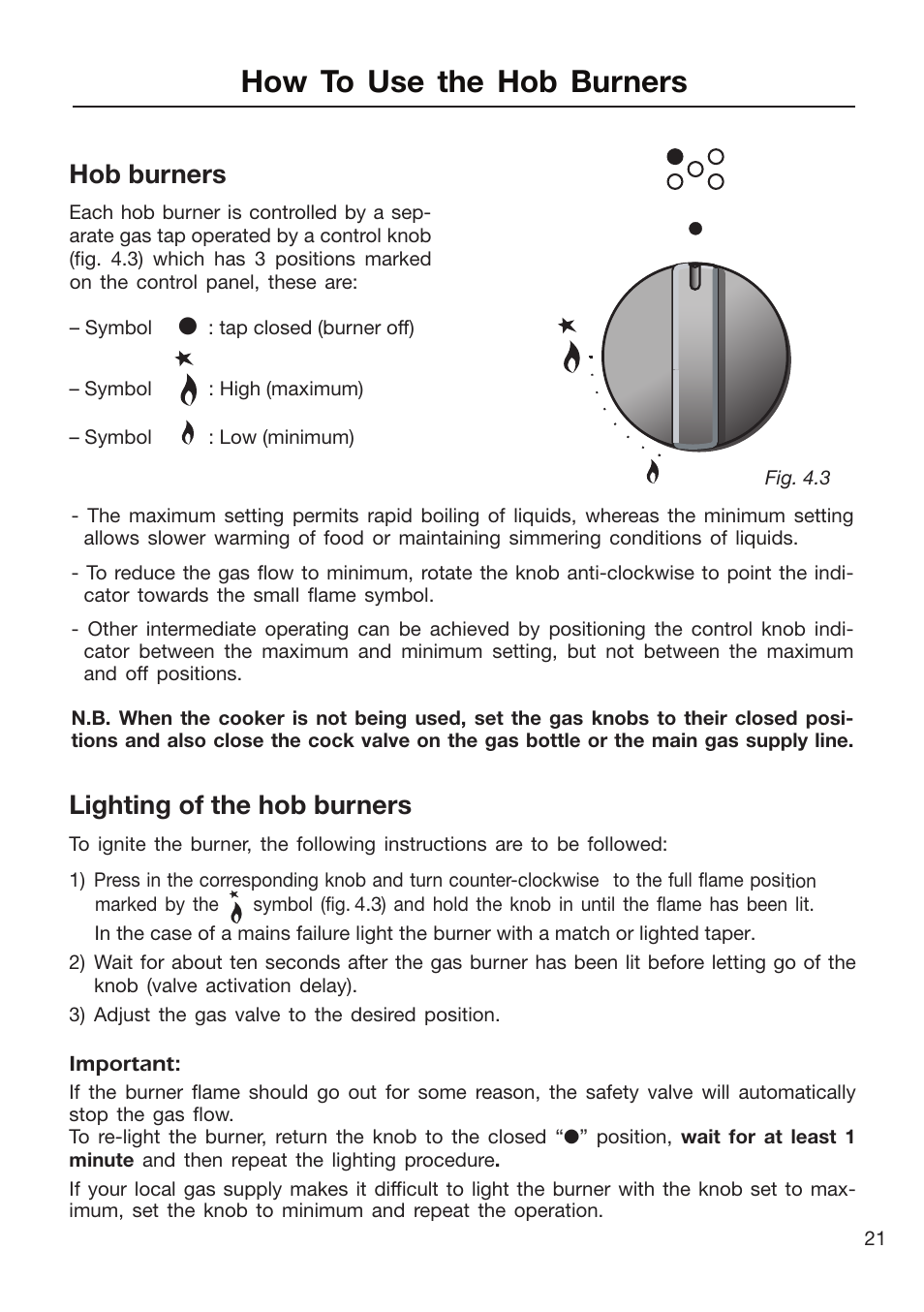 How to use the hob burners, Hob burners, Lighting of the hob burners | Caple CR9105 User Manual | Page 21 / 40