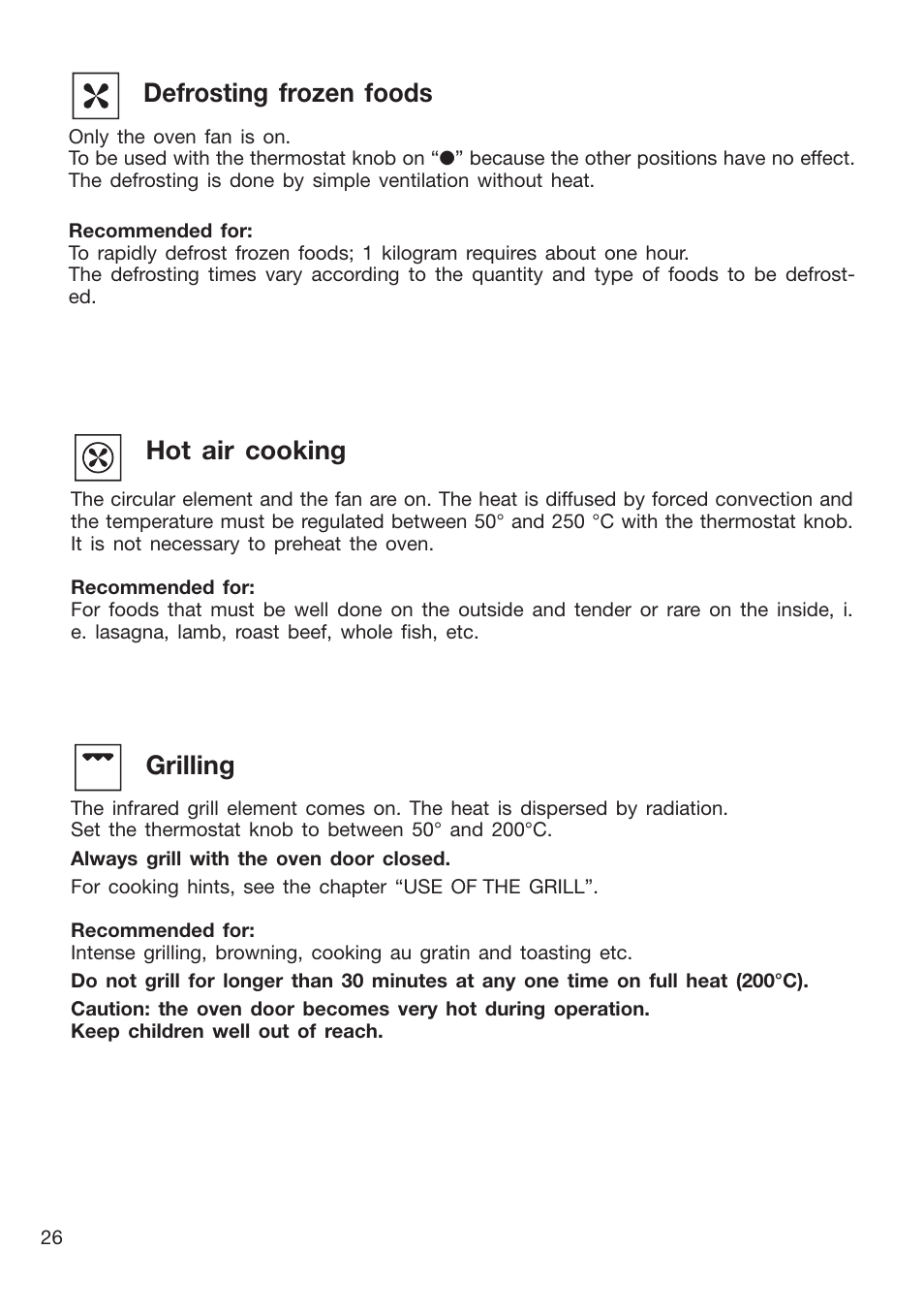 Hot air cooking, Grilling, Defrosting frozen foods | Caple CR9105 User Manual | Page 26 / 40