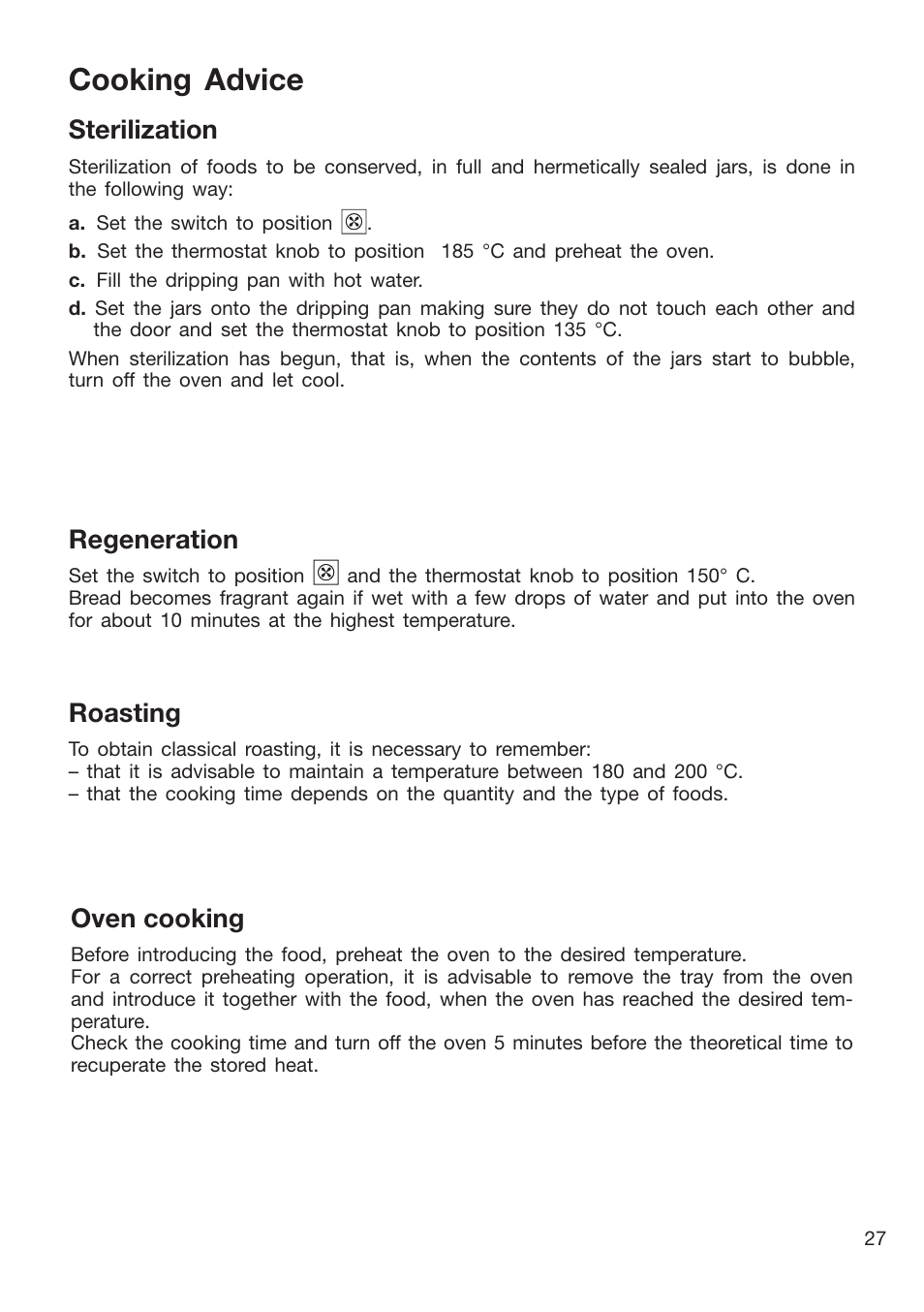 Cooking advice, Sterilization, Regeneration | Roasting, Oven cooking | Caple CR9105 User Manual | Page 27 / 40