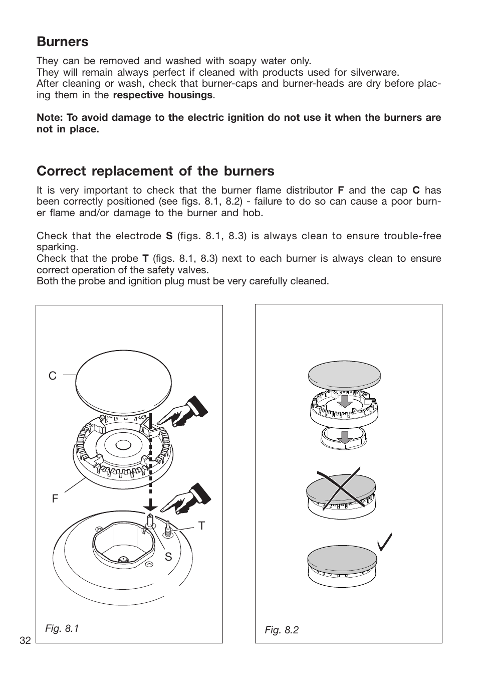 Burners, Correct replacement of the burners | Caple CR9105 User Manual | Page 32 / 40