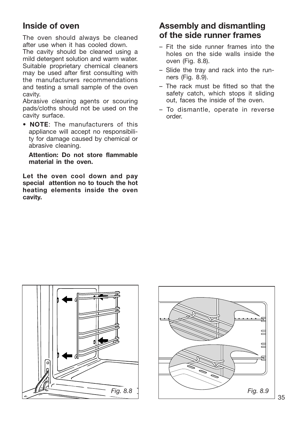 Assembly and dismantling of the side runner frames, Inside of oven | Caple CR9105 User Manual | Page 35 / 40