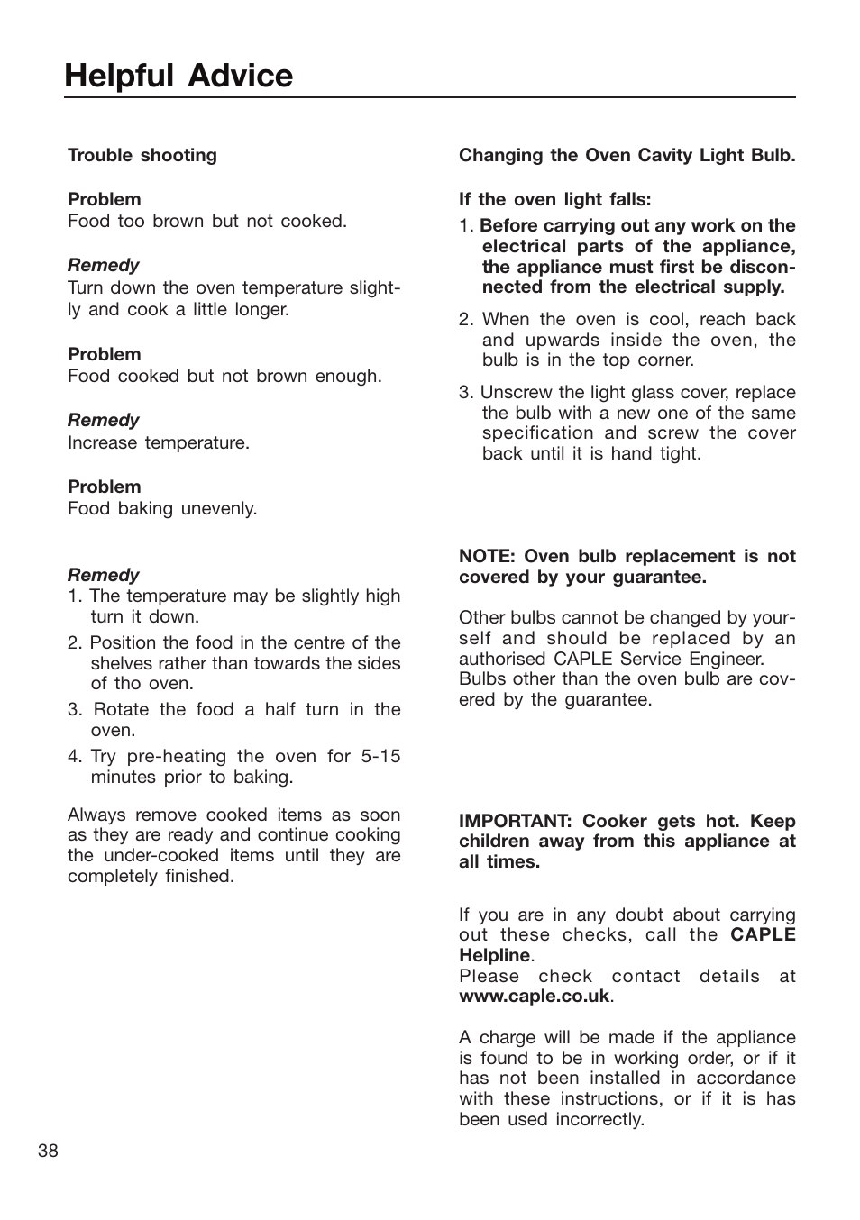 Helpful advice | Caple CR9105 User Manual | Page 38 / 40