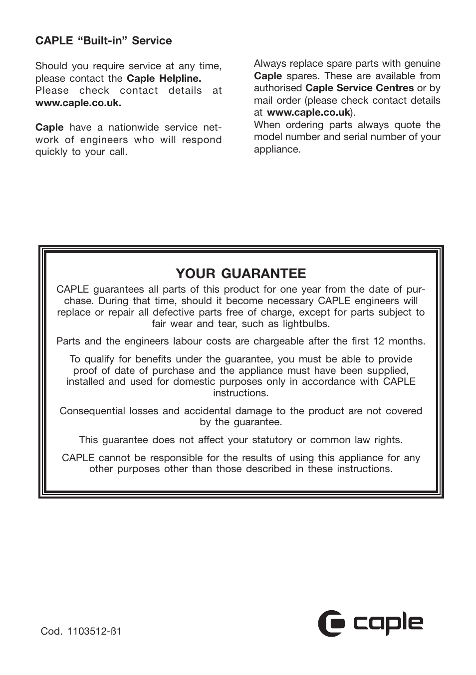 Your guarantee | Caple CR9105 User Manual | Page 40 / 40