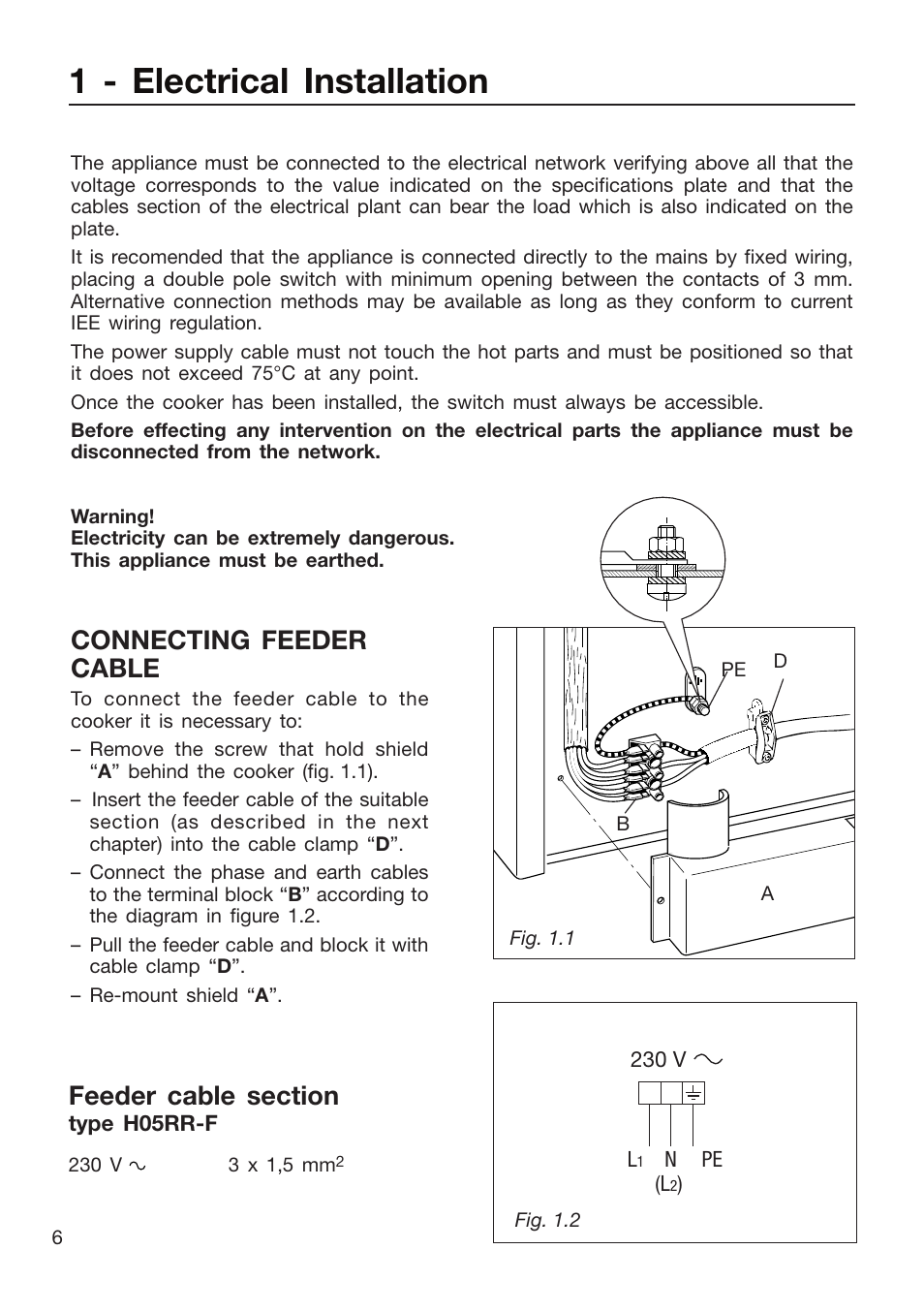 1 - electrical installation, Connecting feeder cable | Caple CR9105 User Manual | Page 6 / 40