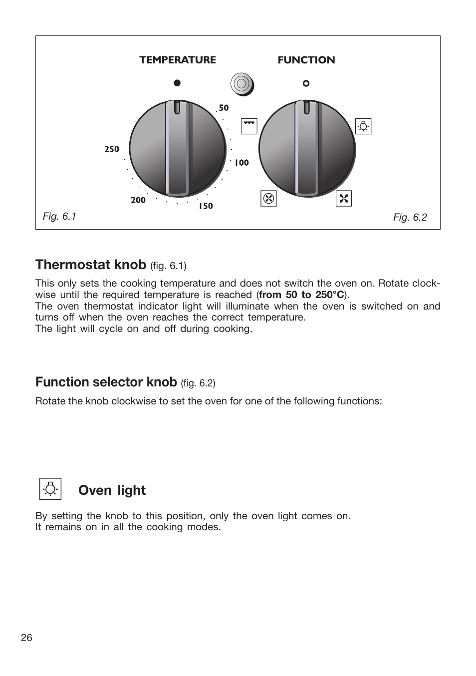 Thermostat knob, Function selector knob, Oven light | Caple CR9205 User Manual | Page 26 / 44