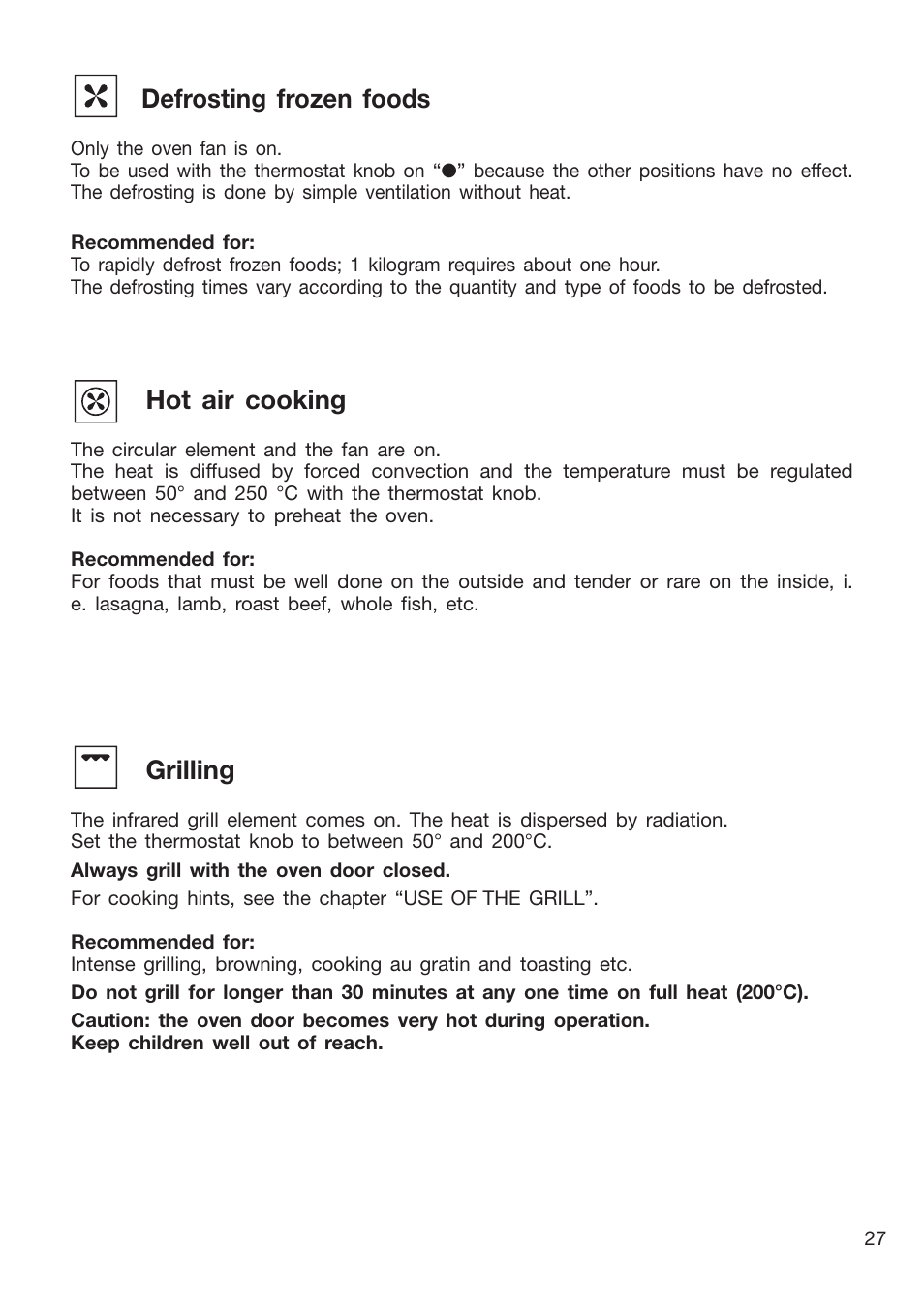 Defrosting frozen foods, Hot air cooking, Grilling | Caple CR9205 User Manual | Page 27 / 44