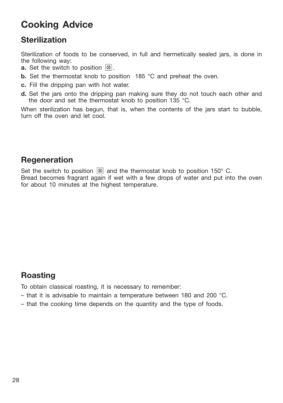 Cooking advice, Roasting, Sterilization | Regeneration | Caple CR9205 User Manual | Page 28 / 44