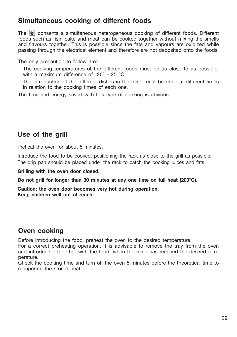 Use of the grill, Oven cooking, Simultaneous cooking of different foods | Caple CR9205 User Manual | Page 29 / 44