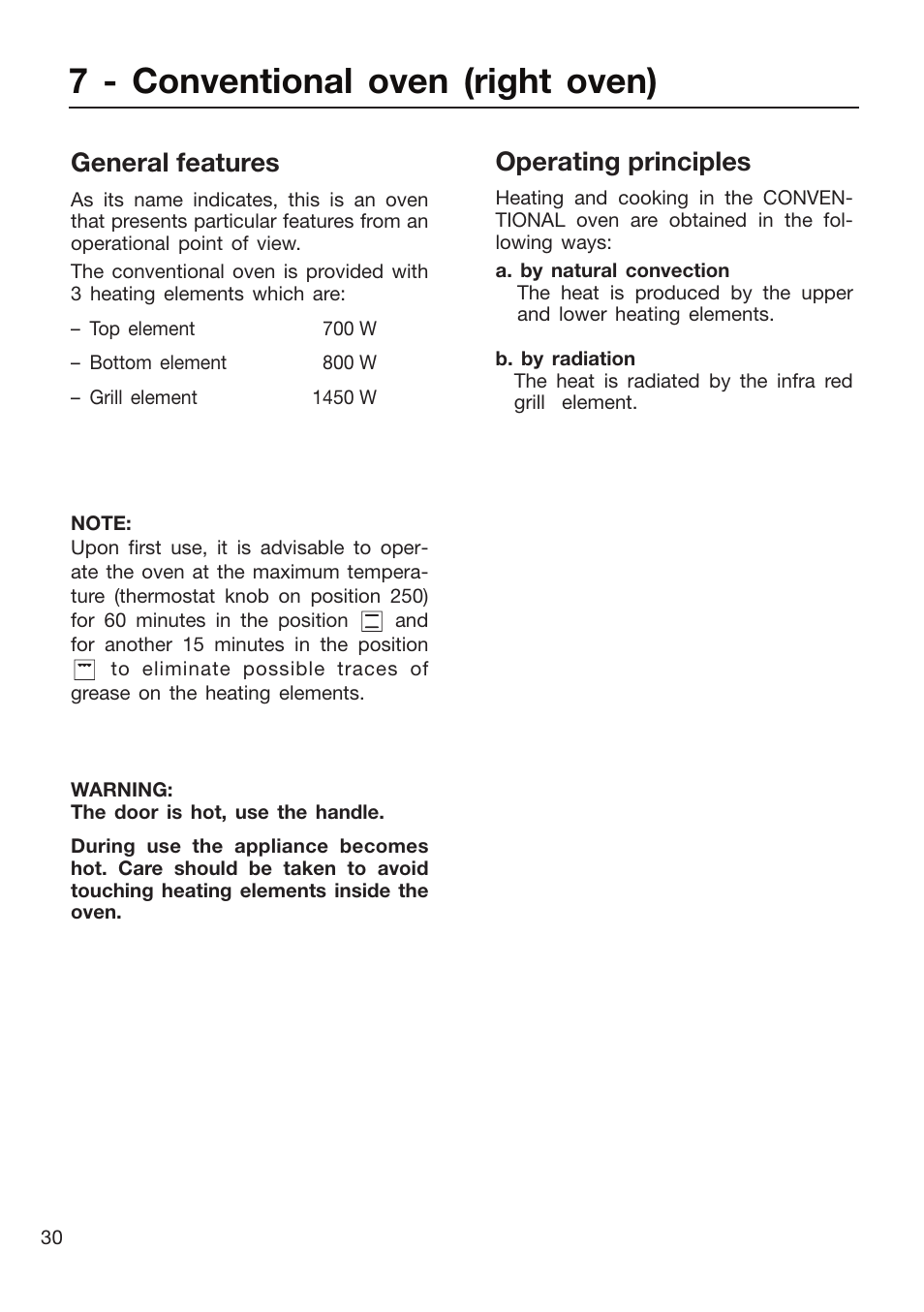 7 - conventional oven (right oven), General features, Operating principles | Caple CR9205 User Manual | Page 30 / 44