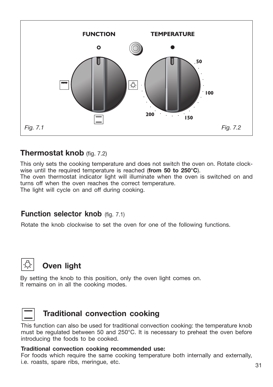 Function selector knob, Thermostat knob, Oven light | Traditional convection cooking | Caple CR9205 User Manual | Page 31 / 44
