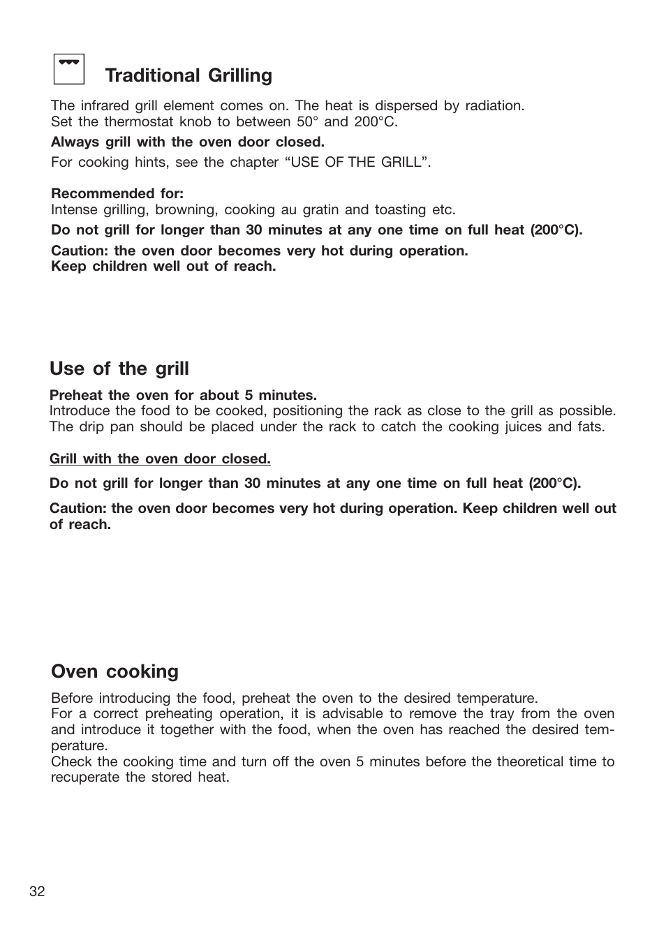 Traditional grilling, Use of the grill, Oven cooking | Caple CR9205 User Manual | Page 32 / 44