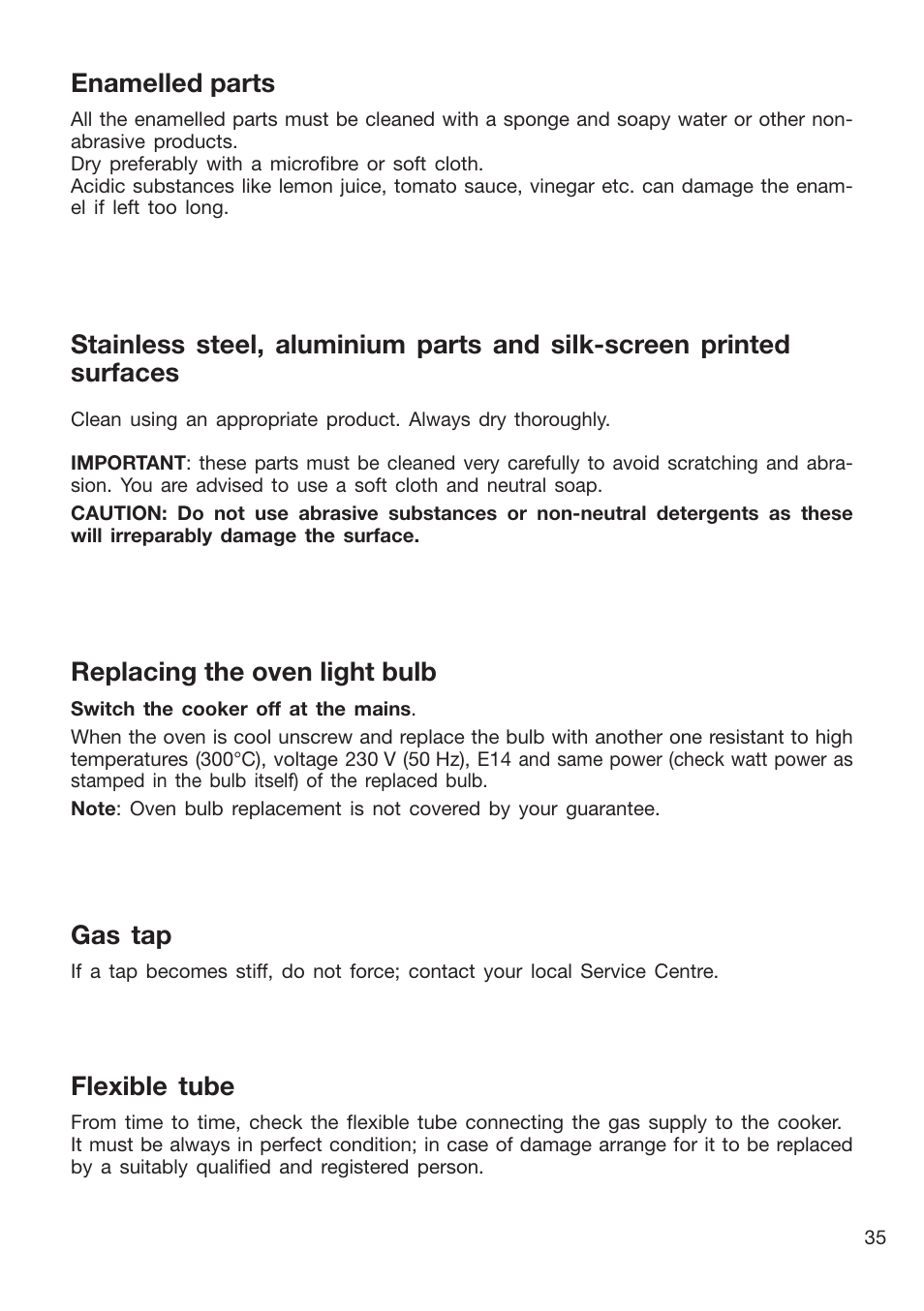 Gas tap, Flexible tube, Enamelled parts | Replacing the oven light bulb | Caple CR9205 User Manual | Page 35 / 44