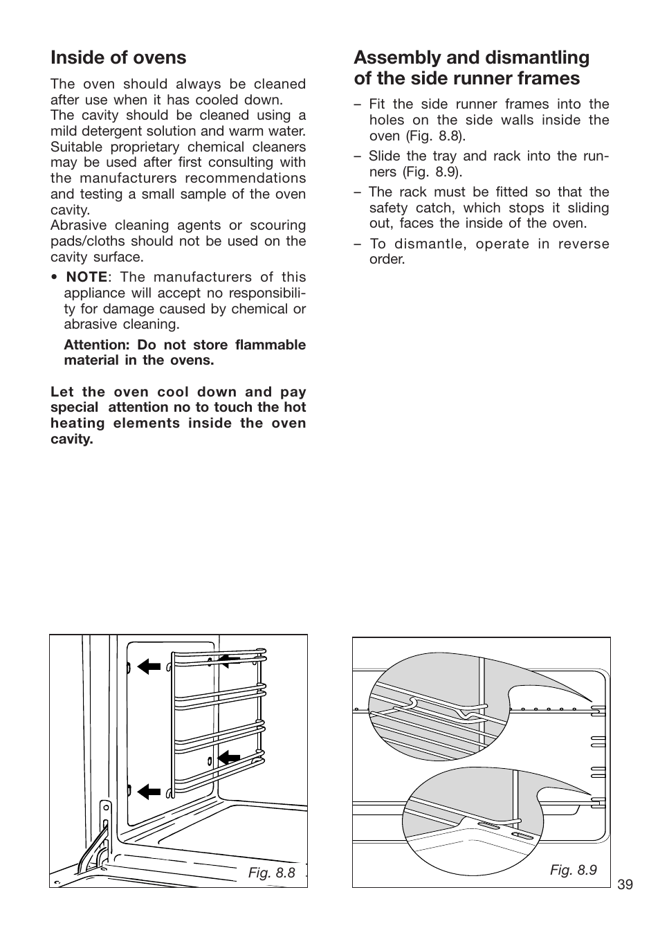 Assembly and dismantling of the side runner frames, Inside of ovens | Caple CR9205 User Manual | Page 39 / 44