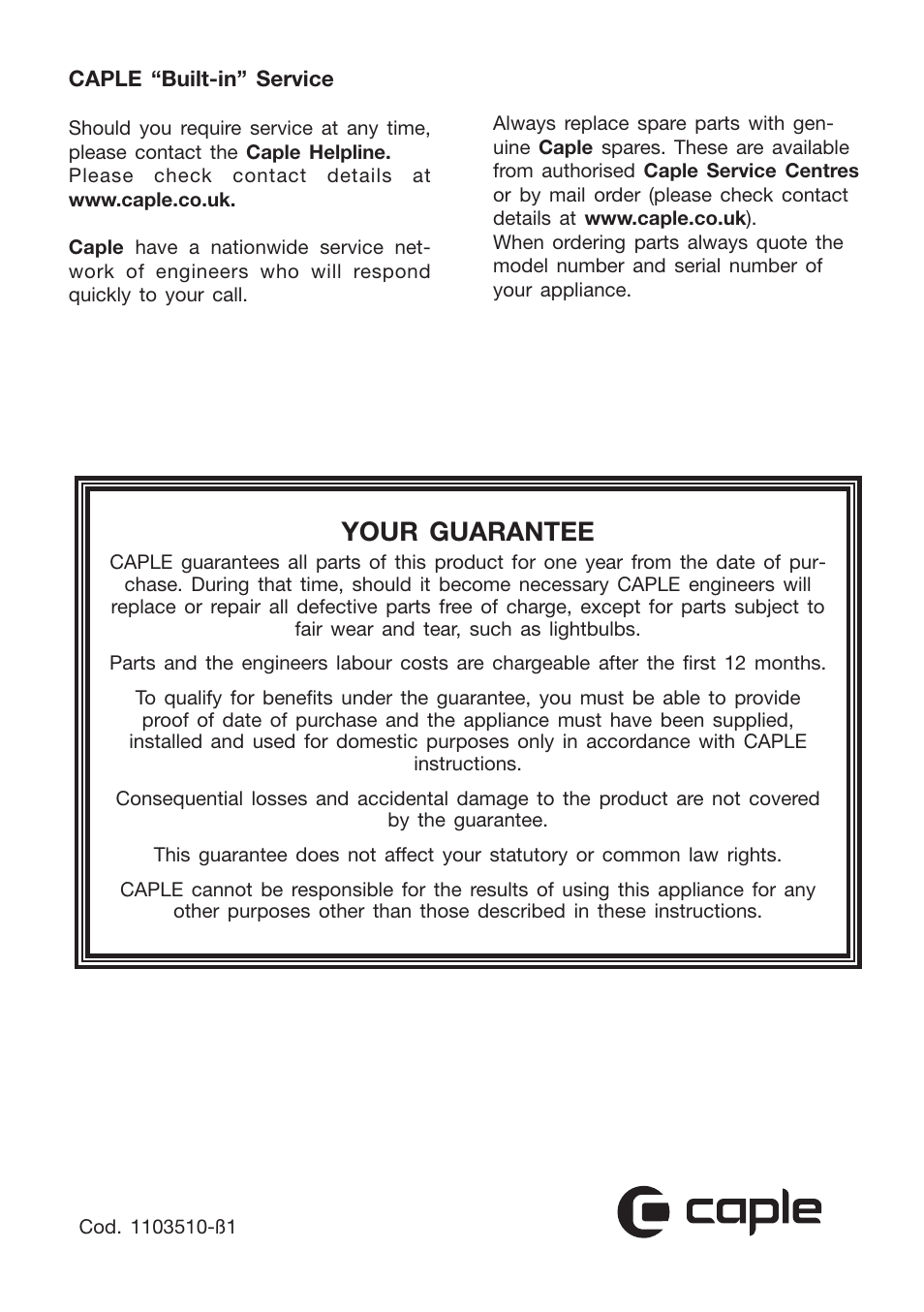 Your guarantee | Caple CR9205 User Manual | Page 44 / 44