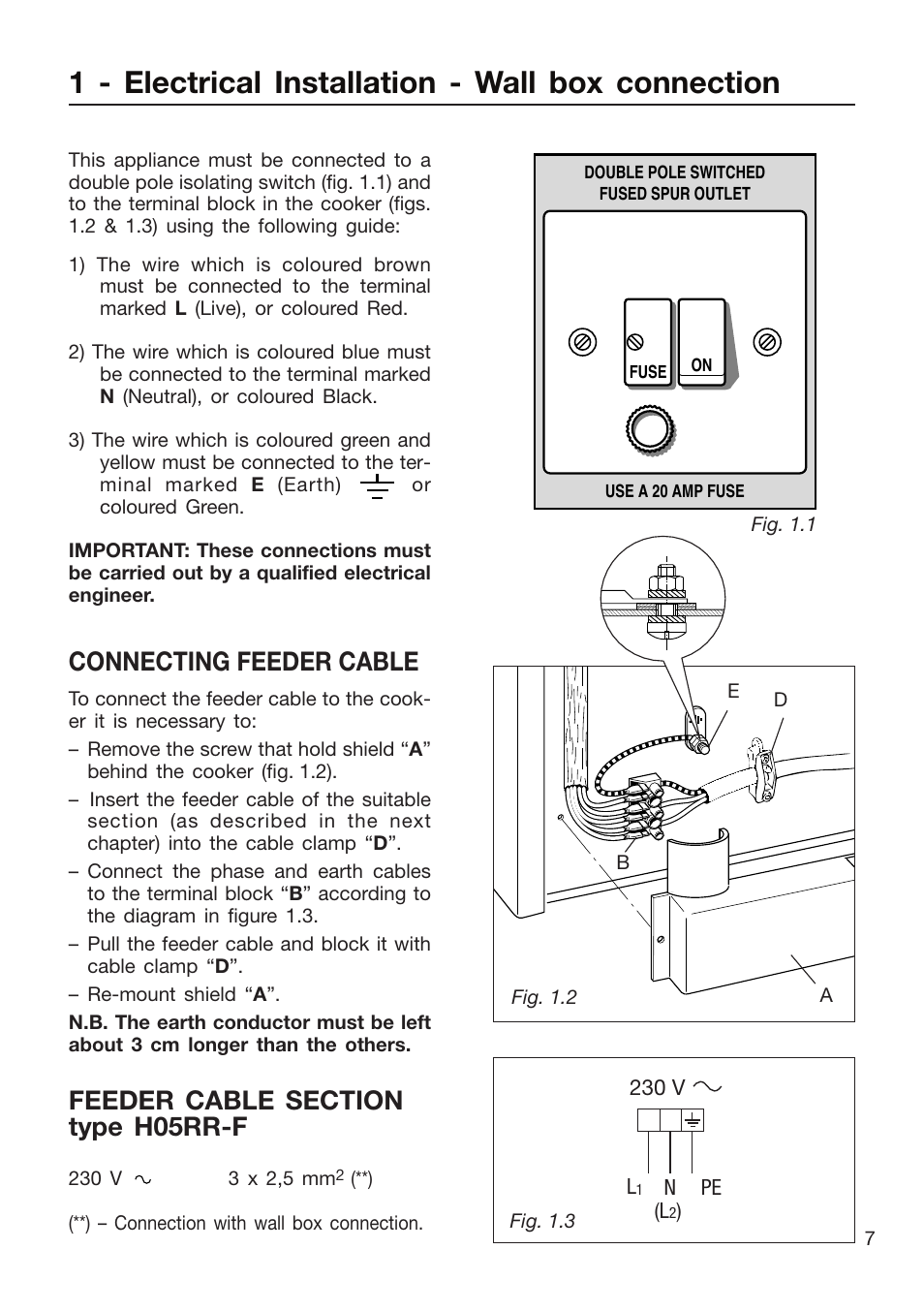 1 - electrical installation - wall box connection, Connecting feeder cable | Caple CR9205 User Manual | Page 7 / 44