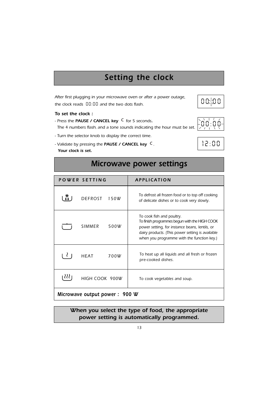 Microwave power settings, Setting the clock | Caple CM101 User Manual | Page 13 / 28