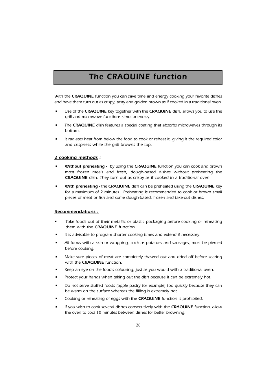 The craquine function | Caple CM101 User Manual | Page 20 / 28