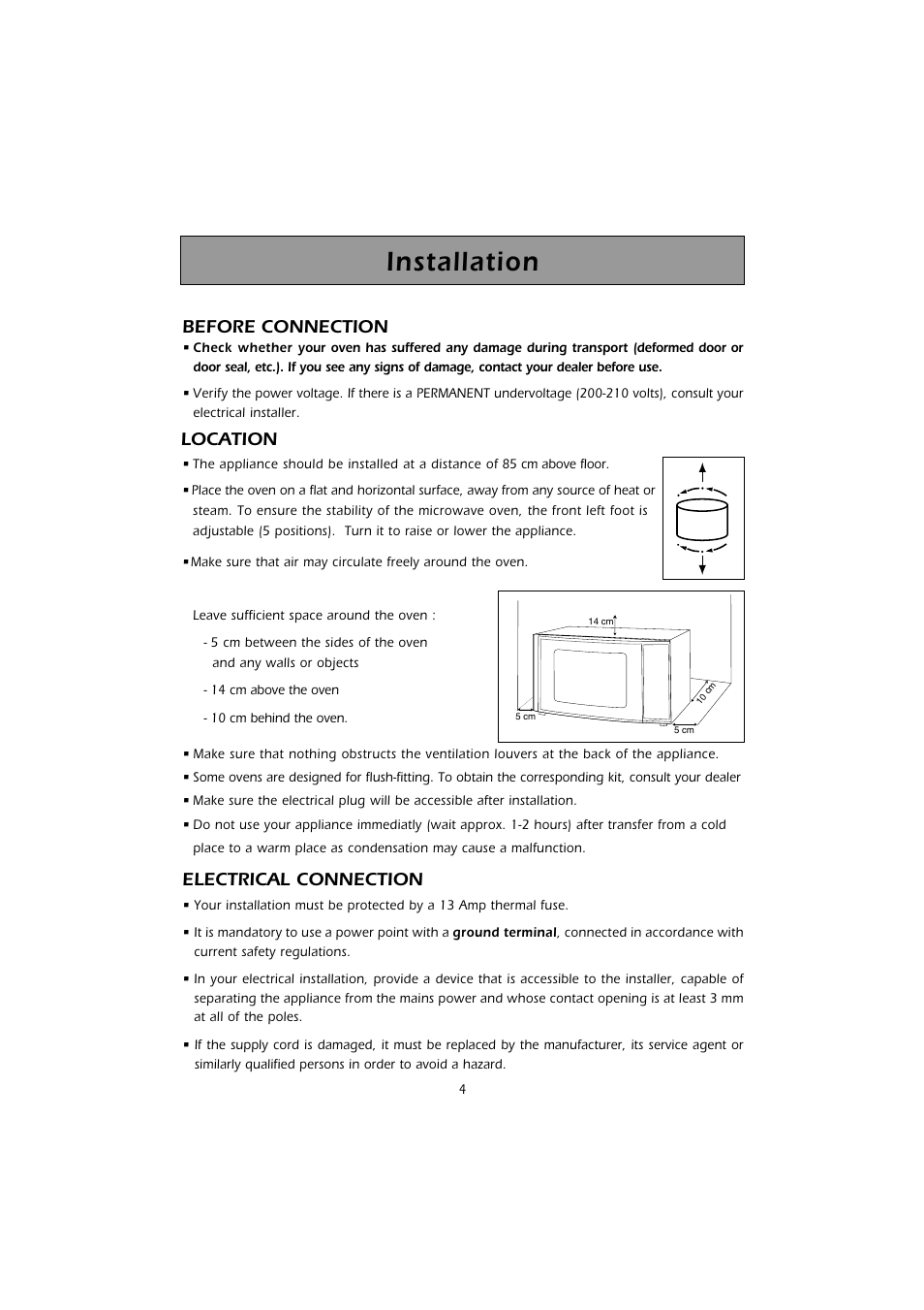 Installation, Location before connection, Electrical connection | Caple CM101 User Manual | Page 4 / 28