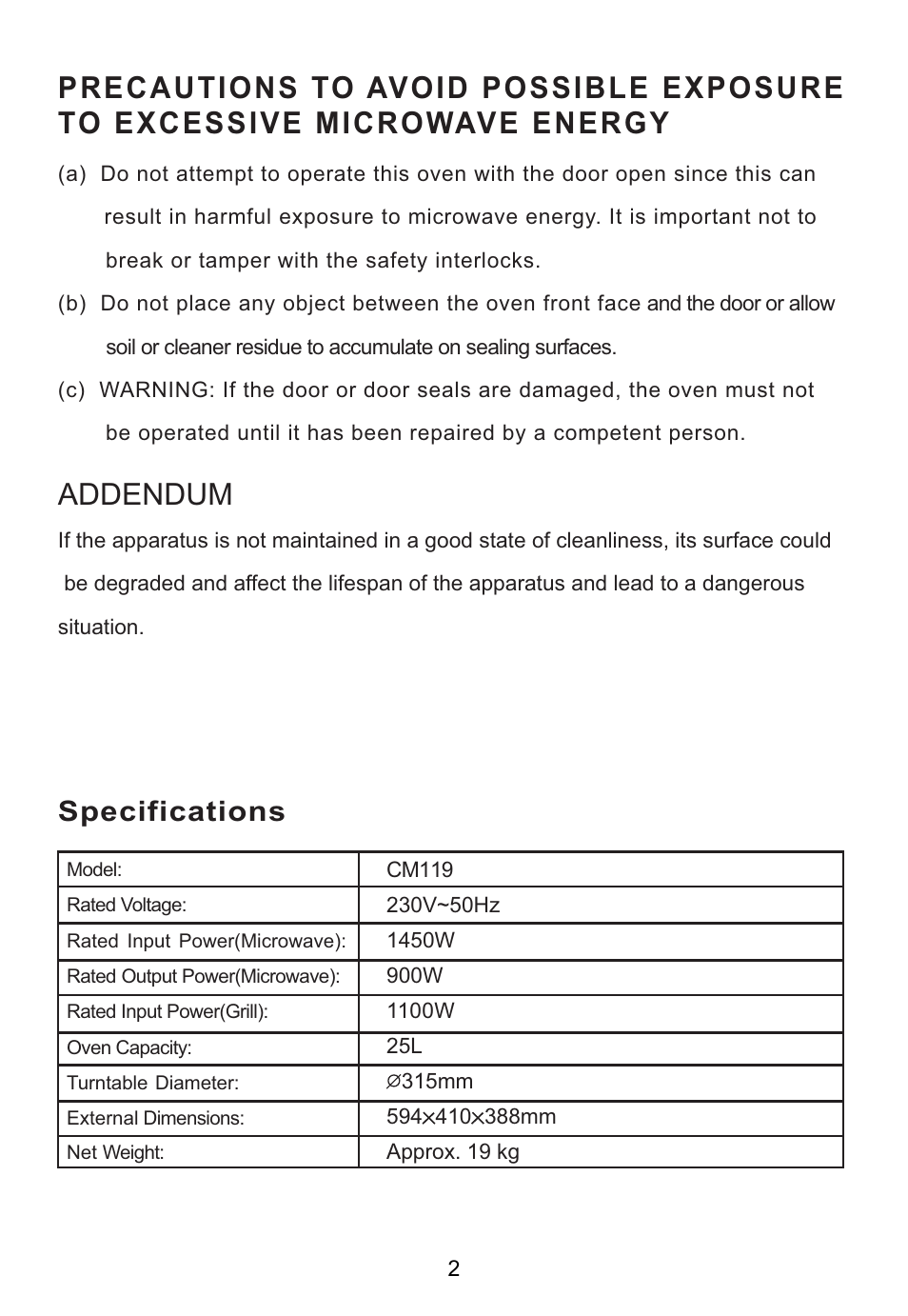 Addendum, Specifications | Caple CM119 User Manual | Page 2 / 17