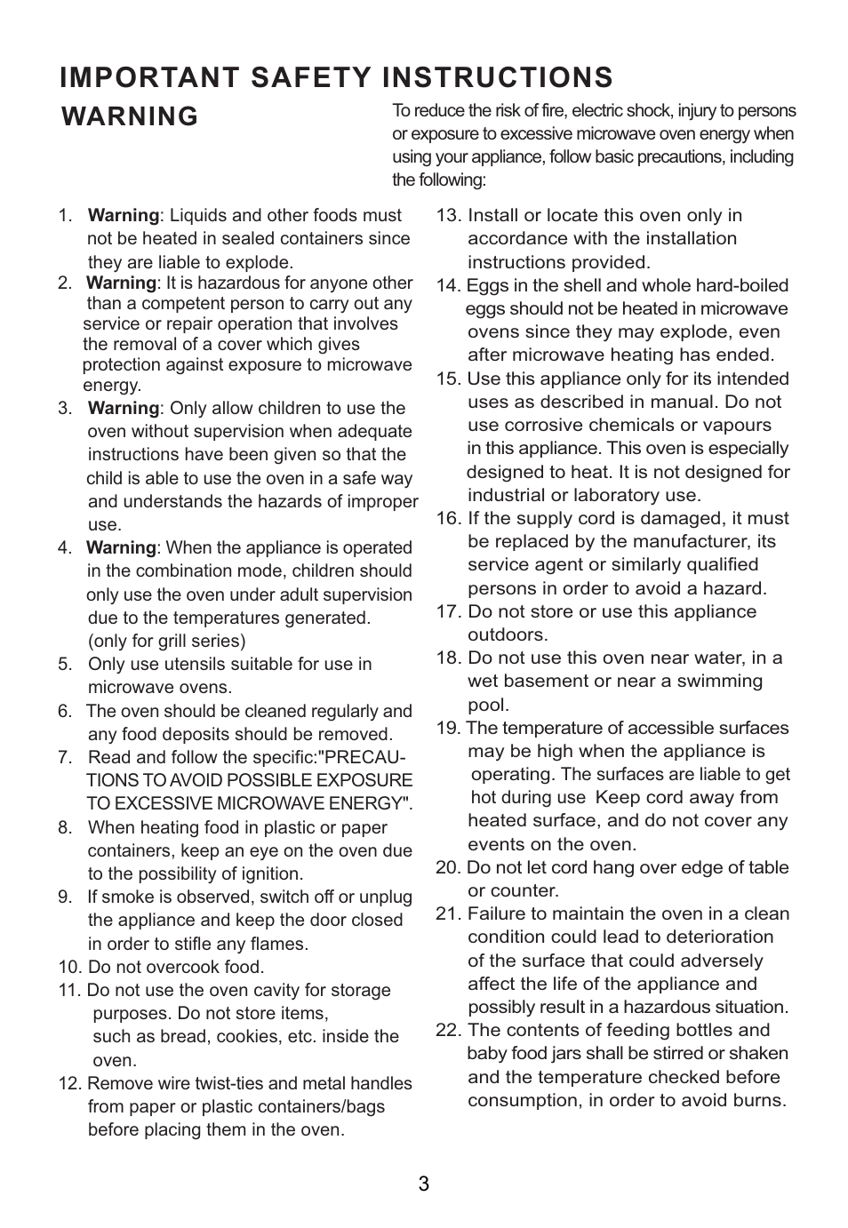 Important safety instructions, Warning | Caple CM119 User Manual | Page 3 / 17