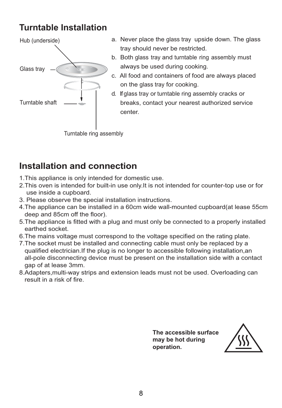 Turntable installation, Installation and connection | Caple CM119 User Manual | Page 8 / 17