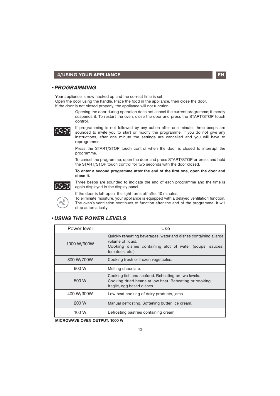 Using the power levels •programming | Caple CM107 User Manual | Page 13 / 29