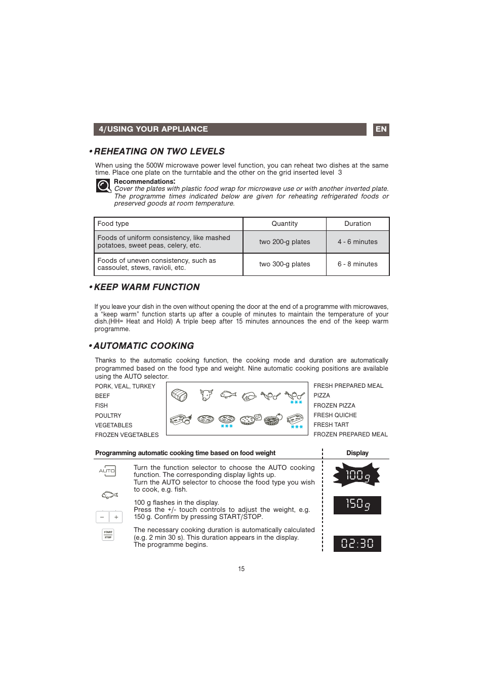 Automatic cooking, Reheating on two levels, Keep warm function | Caple CM107 User Manual | Page 15 / 29