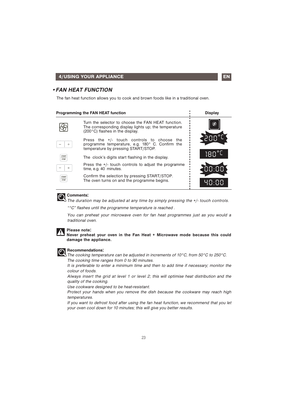 Fan heat function | Caple CM107 User Manual | Page 23 / 29