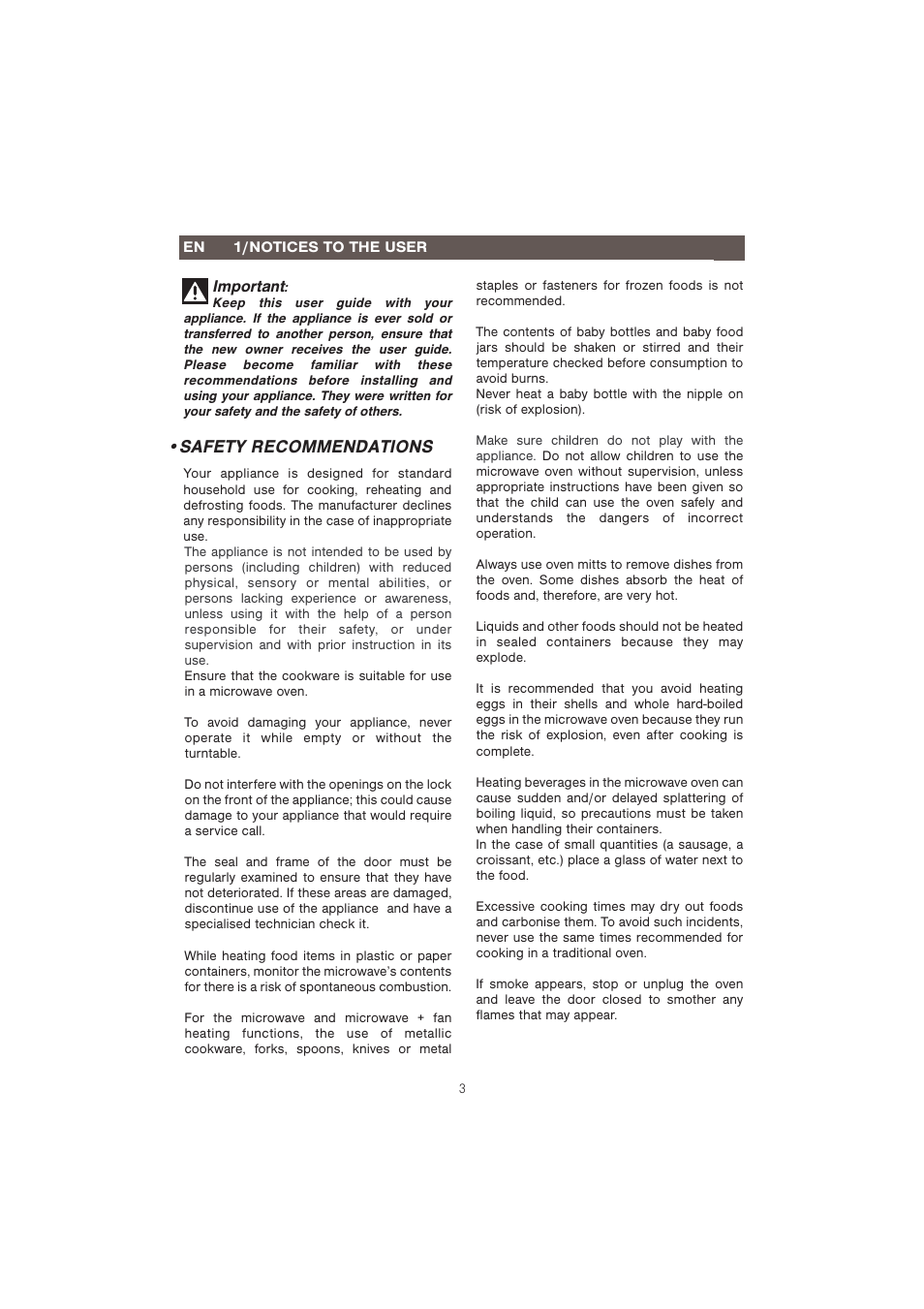 Safety recommendations, Important | Caple CM107 User Manual | Page 3 / 29