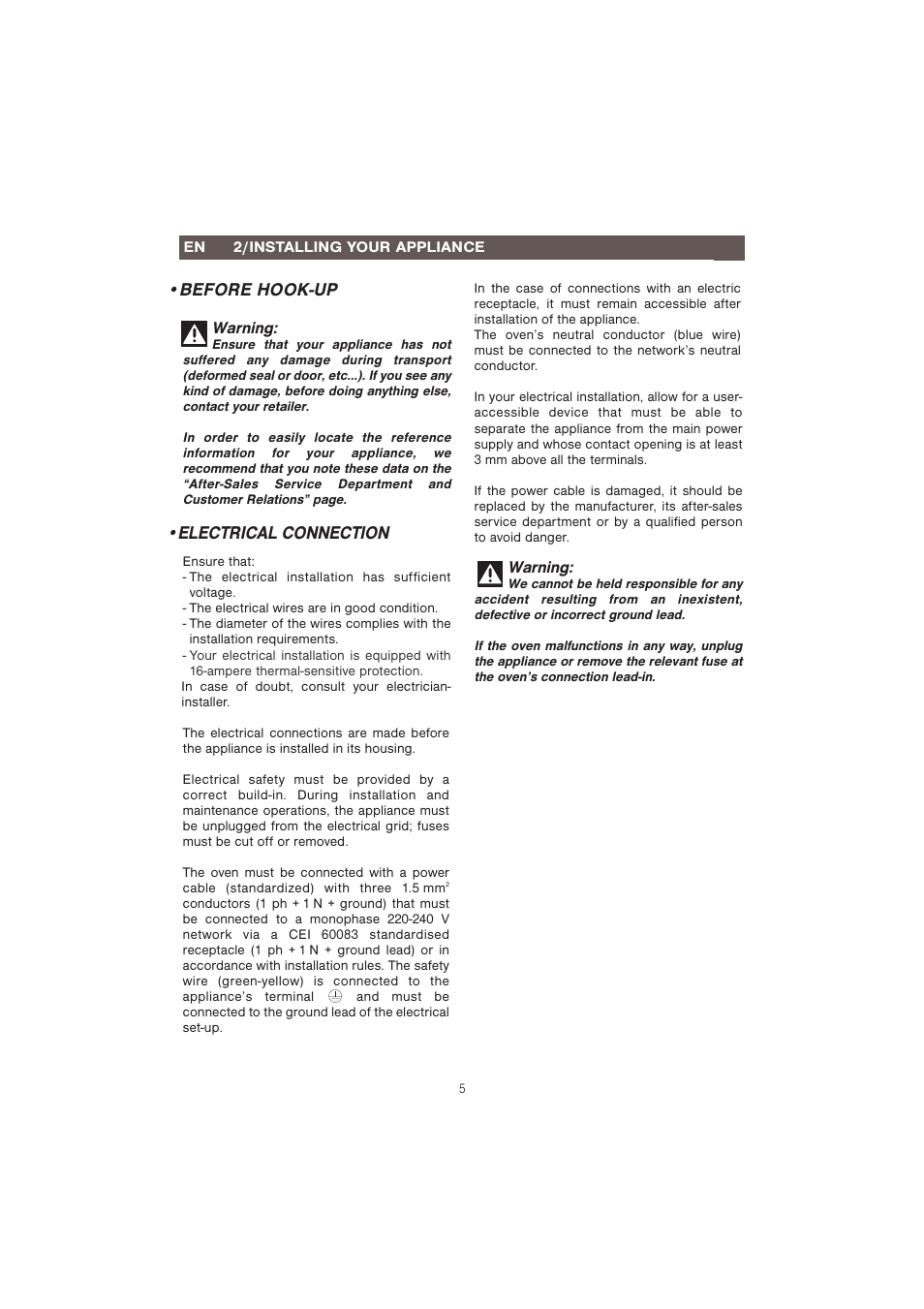 Before hook-up •electrical connection, Warning | Caple CM107 User Manual | Page 5 / 29