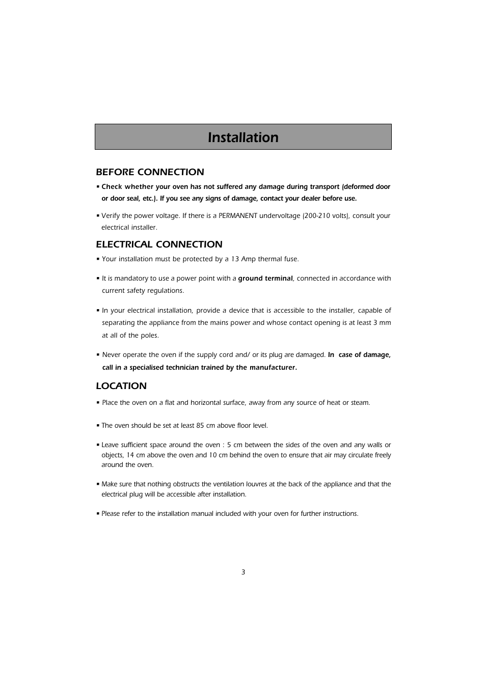 Installation, Location before connection, Electrical connection | Caple CM103 User Manual | Page 3 / 20