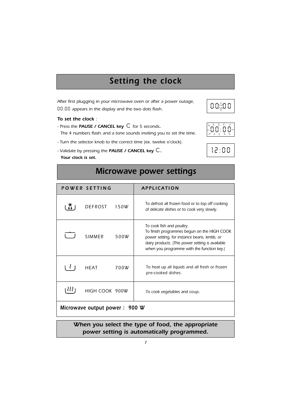 Microwave power settings, Setting the clock | Caple CM103 User Manual | Page 7 / 20