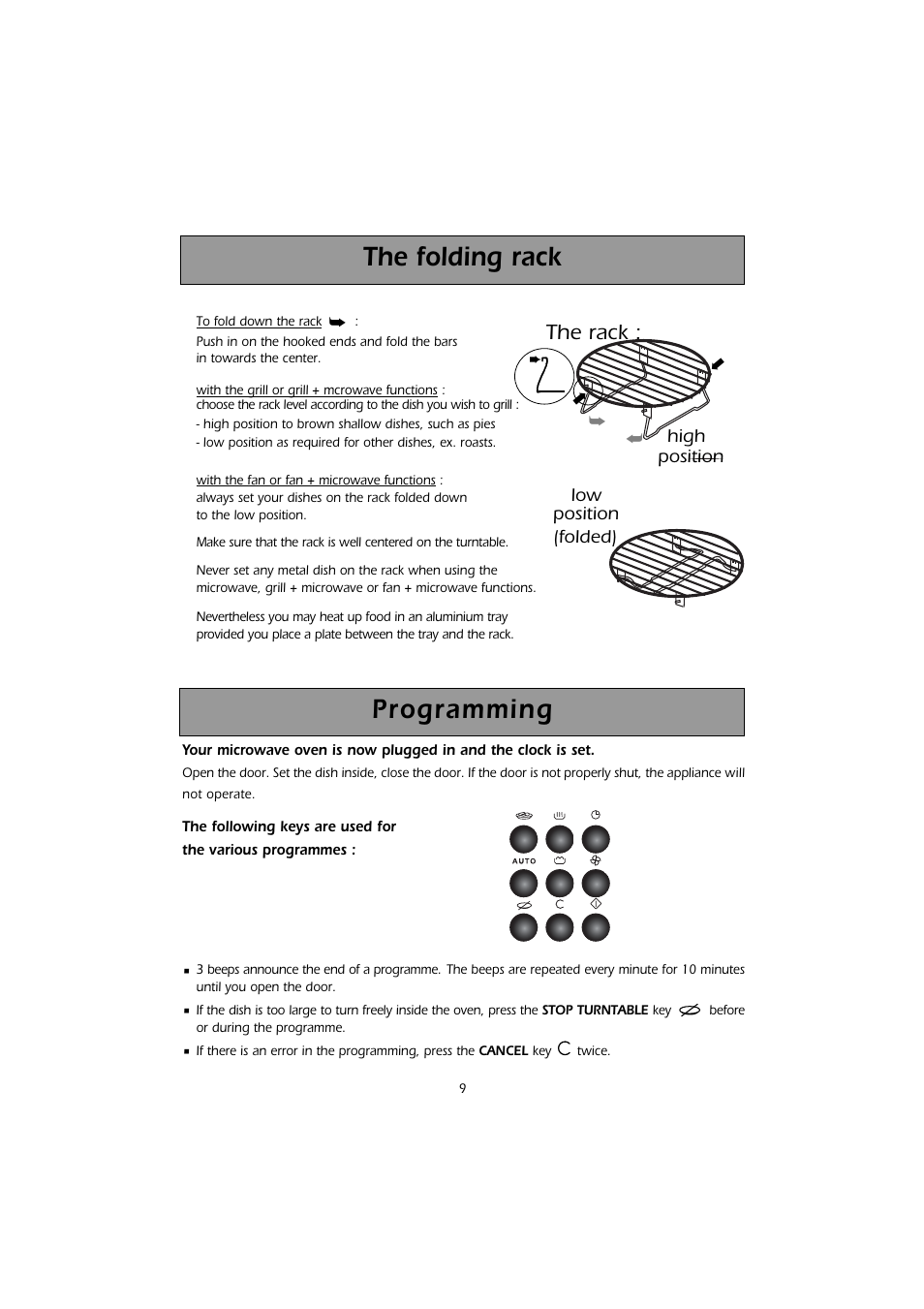 Programming, The folding rack, The rack | Caple CM103 User Manual | Page 9 / 20