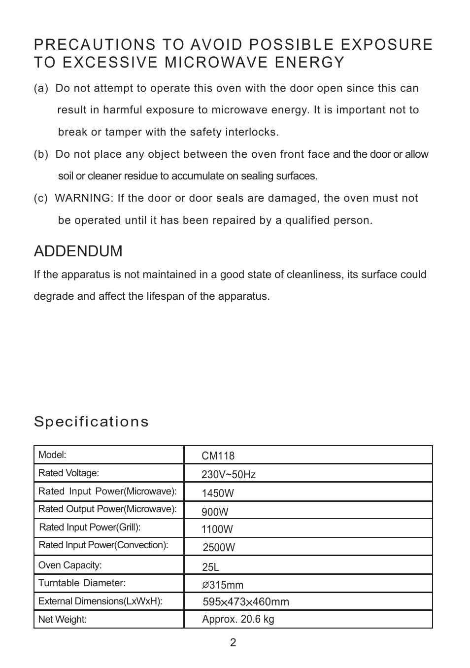 Addendum, Specifications | Caple CM118 User Manual | Page 2 / 20