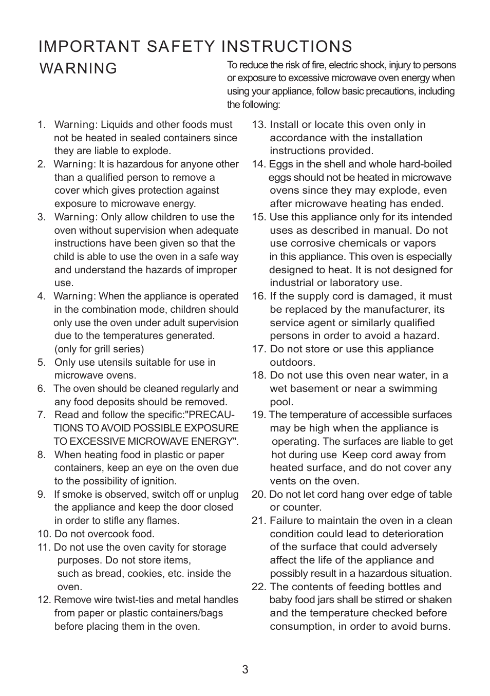 Important safety instructions, Warning | Caple CM118 User Manual | Page 3 / 20