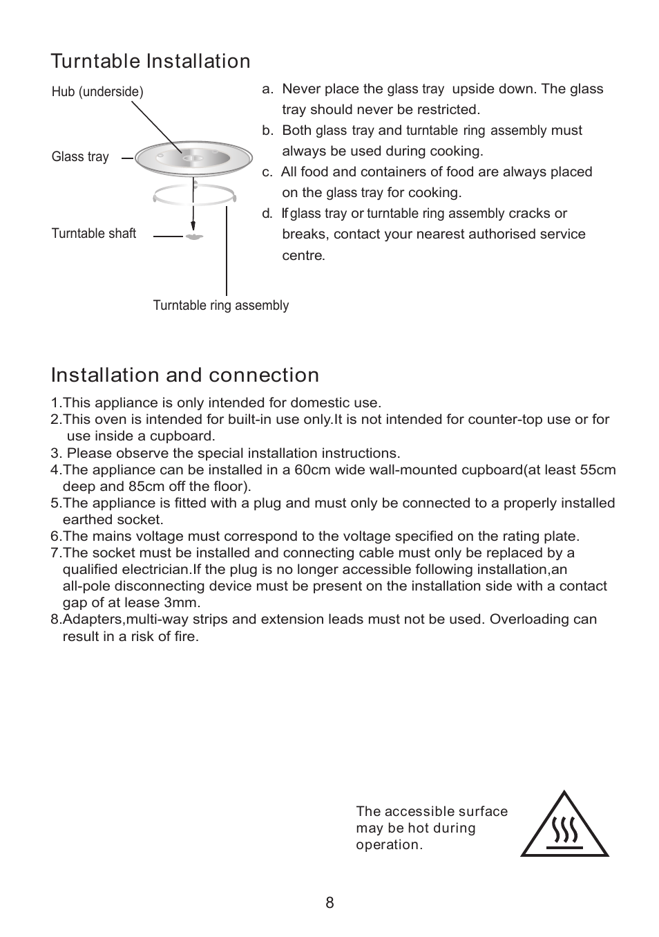 Turntable installation, Installation and connection | Caple CM118 User Manual | Page 8 / 20
