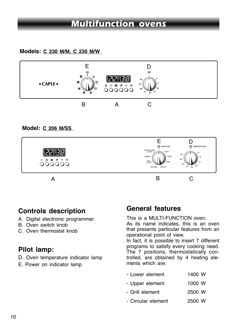 Multifunction ovens, General features, Controls description | Pilot lamp, Cb a, Models, Model | Caple C201 User Manual | Page 10 / 32