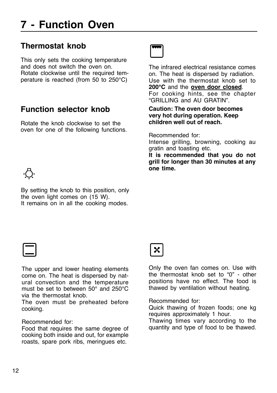 7 - function oven, Oven, Light | Defrost, Grill | Caple C201 User Manual | Page 12 / 32