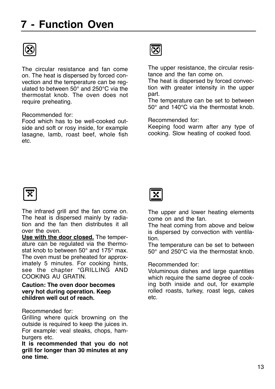 7 - function oven, Grill & fan, Warmer | Conventional & fan, Fan oven | Caple C201 User Manual | Page 13 / 32